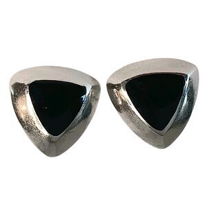 Vintage 925 Sterling Silver Black Onyx Triangle Modernist Post Earrings 3/4 Inch